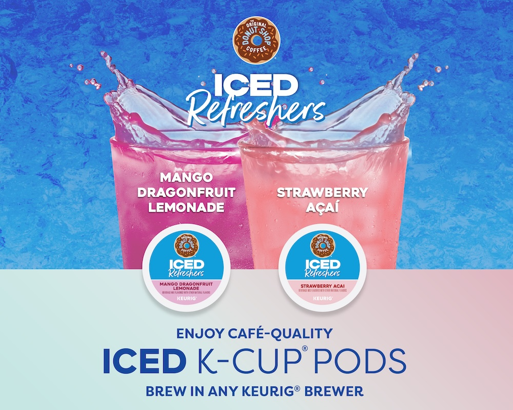 Two glasses of brightly colored iced beverages splashing, labeled Mango Dragonfruit Lemonade and Strawberry Açaí, with The Original Donut Shop Coffee logo and K-Cup pods for each flavor below.