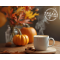 A steaming cup of coffee with latte art sits on a wooden coaster, surrounded by cinnamon sticks, pumpkins, and autumn leaves, with a 'Breaks Reimagined’ logo in the corner.
